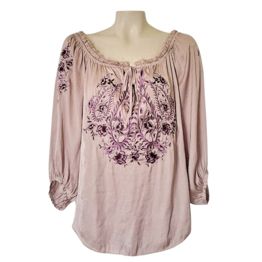 White House Black Market Satin Embroidered Peasant Blouse Top XL Off Shoulders